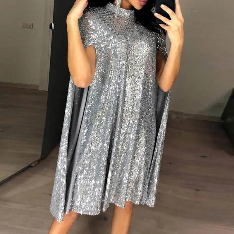 Plus Size XXL Sexy Party Sequin Glitter Dress Mock Neck Cape Design Sequins Cloak Sleeves Dresses Pink Black Gold Gray