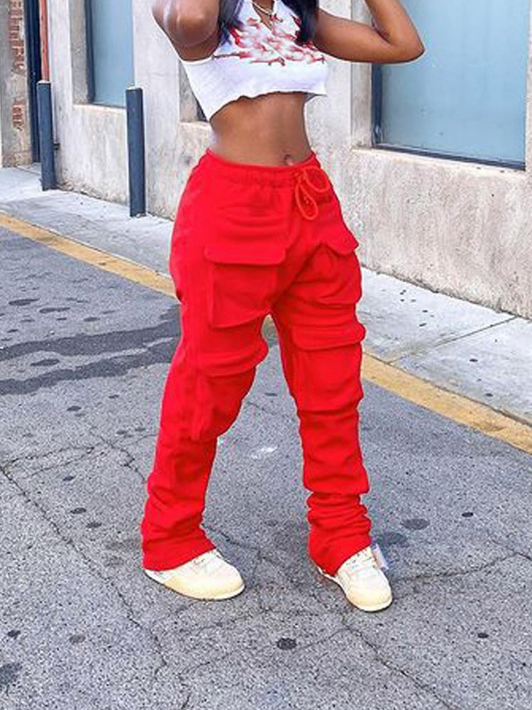 Sexy Women&#39;s Red Stacked Sweatpants High Waist Tracksuits Y2K Harajuku Joggers