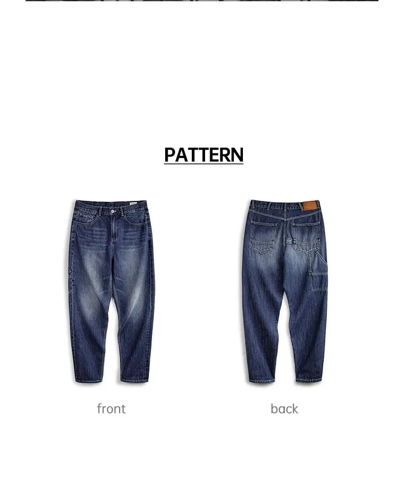 Maden Retro Blue Logging Mens Jeans with Washed Denim Loose Fit Cotton And Non-Elastic Waist Daily Wear Casual Pants