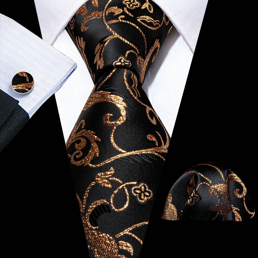 Retro Orange Floral Men Tie Set Silk Jacquard Necktie Wedding Business Handkerchief Cufflinks Tie Barry.Wang Designer FA-5346