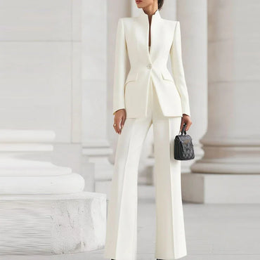 Elegant Long Sleeved Blazer+Pants Suit Autumn Simple Solid Color Commuting Outfit Women's Temperament Slim Fit Professional Set