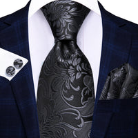 Hi-Tie Fashion 8.5cm Black Grey Floral Mens Elegant Tie Handkerchief Cufflinks Set Wedding Party Accessories Gift for Men Gravat