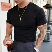 2025 new Fashion Fitness Training T-shirt Men's Summer Sports Leisure Round Neck Elastic Short Sleeve Vertical Stripe T-shirt