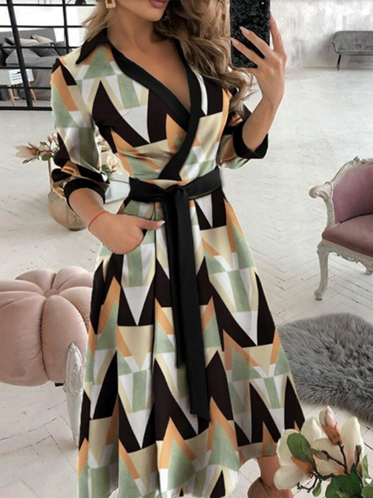 Dresses for Women 2023 Sexy Robe Mid Length Fashion Print Polo Neck Small Style Lace Up Waist Dress  Long Summer Dresses Ladies