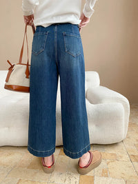 Women's casual solid color high waisted drawstring loose wide leg straight leg jeans, small stature