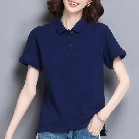 T-shirts Button Red Plain Women's Polo 100℅ Cotton Fashion 2025 Cheap Female Tee Tops Pretty Korean Popular Clothes Synthetic