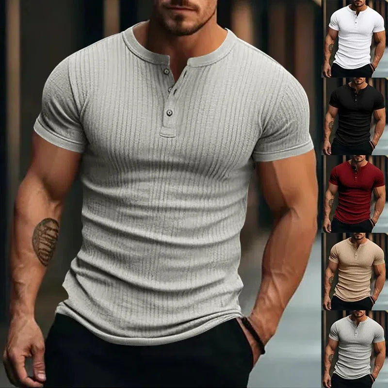 Mens  Sprg Summer Casual Solid Color Ribbed T Shirt Knitted Short Sleeve Tees Vtage Button-up Henley Collar T-shirts For
