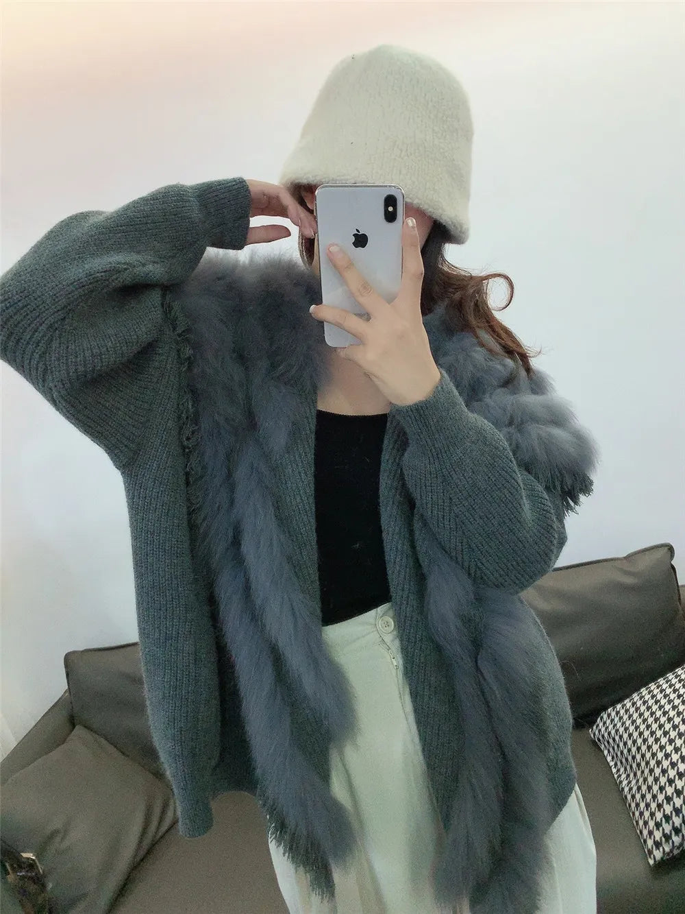 Autumn Winter New Fur Coat for women real Fox fur Knitted Sweater Cardigan Loose Korean casual women mid length outerwear Y4340