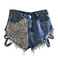 Rivet denim shorts summer spring women high waist loose tassel jeans shorts