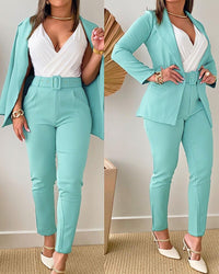 Blazer and Pants Two Piece Set Office Suit for Women 2023 Casual Solid Turn-down Collar Buttoned Coat & Belted Trousers Outfit