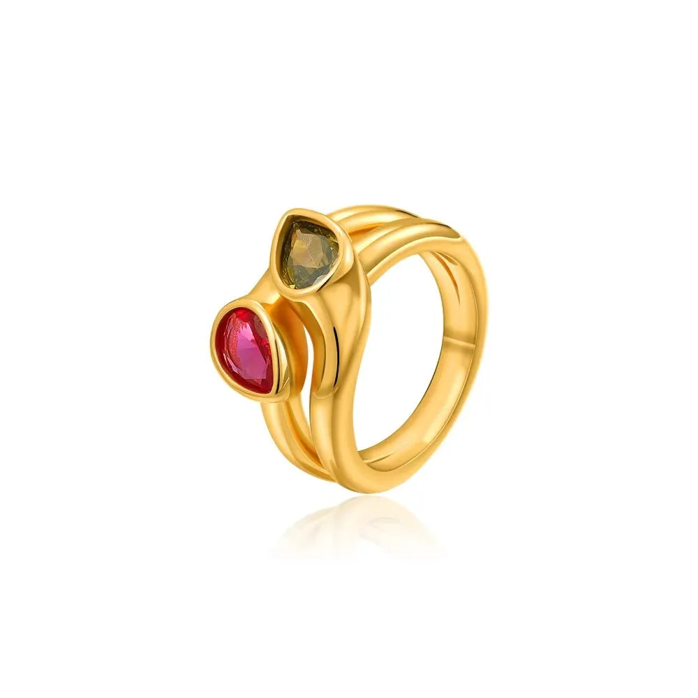 18K Gold Plated Waterproof Multi-color Crystal Chunky Striped Texture Rings Delicate Shiny Square Zircon Wed Ring Punk Jewelry
