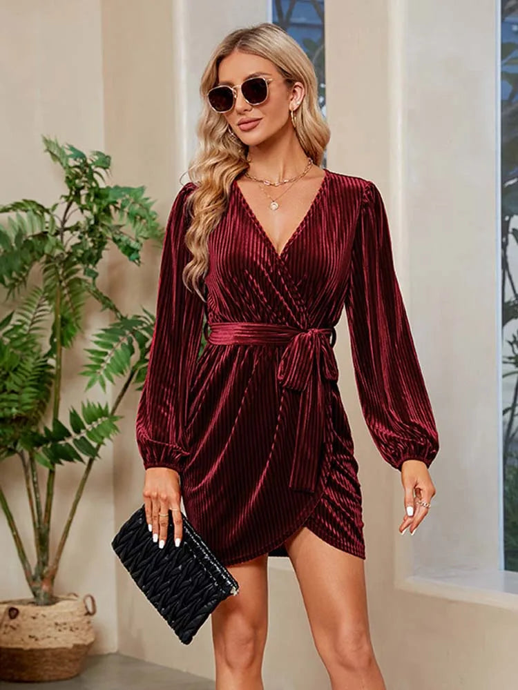 2023 Autumn Red Velvet Dress Women Long Sleeve V-neck Wrap Dress Mini Short Party Dresses for Women