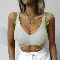 FestivalQueen Sexy Diamonds Mesh Cropped Tank Top Women Summer Cover Up Bikini See Through Rhinestone Net Party Club Crop Top