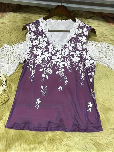 Large size women's fashionable temperament lace patchwork V-neck print off shoulder sleeves lace patchwork top