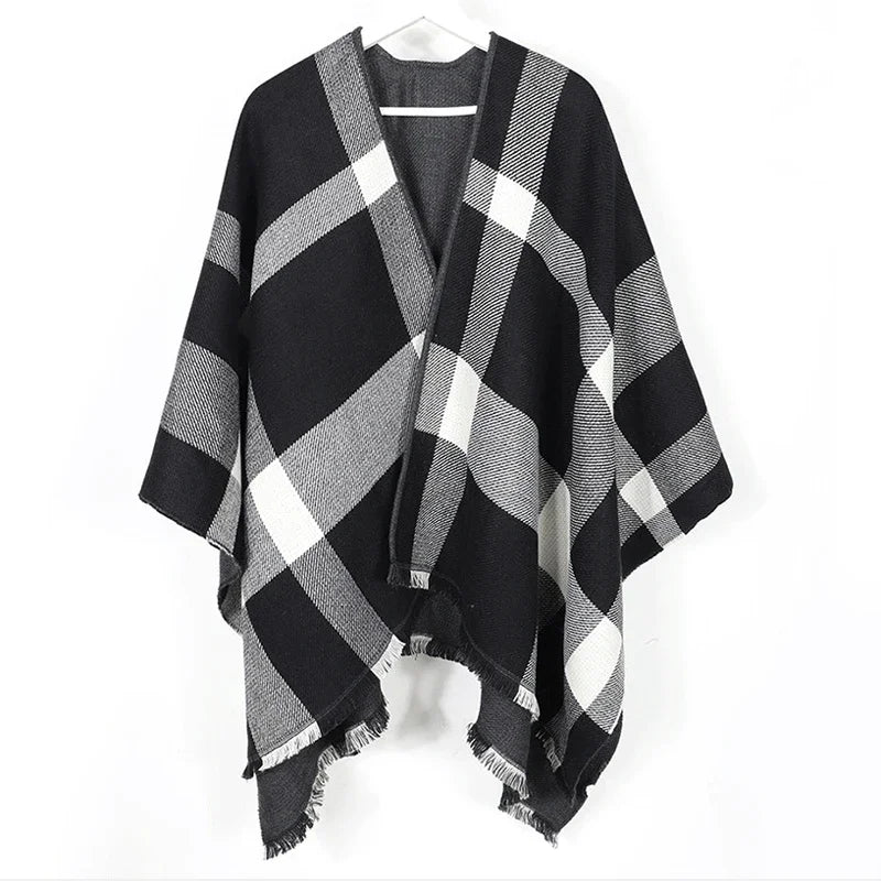 2023 Women's V-neck Cashmere Bat Sleeved Poncho Cape Coat Shawl Cardigan Argyle with Tassels Detail Female Spring Autumn Ponchos