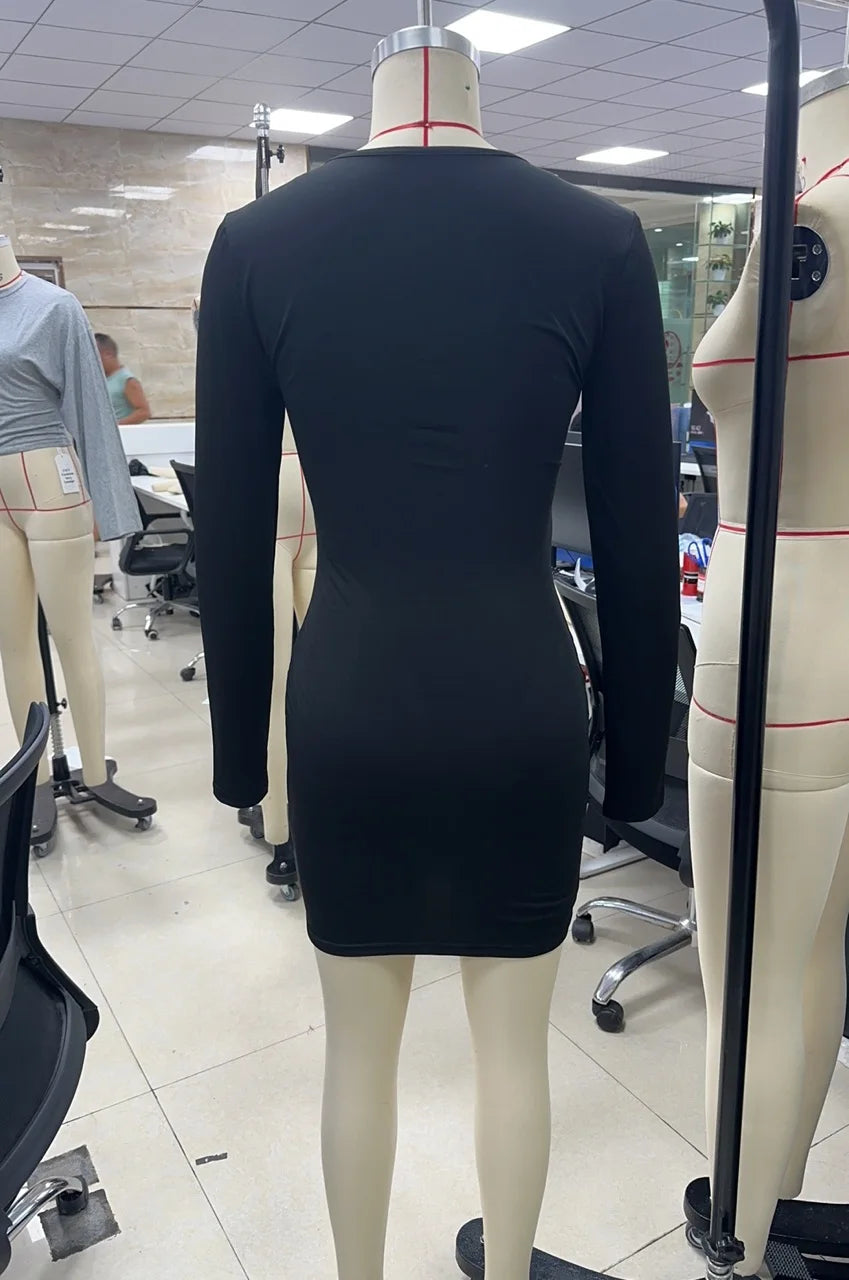 Women's Long Sleeve Dress Slim Fit Stylish Solid Color Deep V Neck Mini Bodycon Dress for Fall