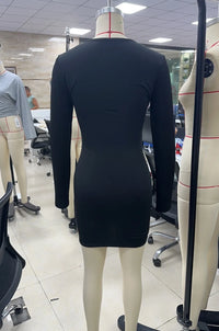 Women's Long Sleeve Dress Slim Fit Stylish Solid Color Deep V Neck Mini Bodycon Dress for Fall