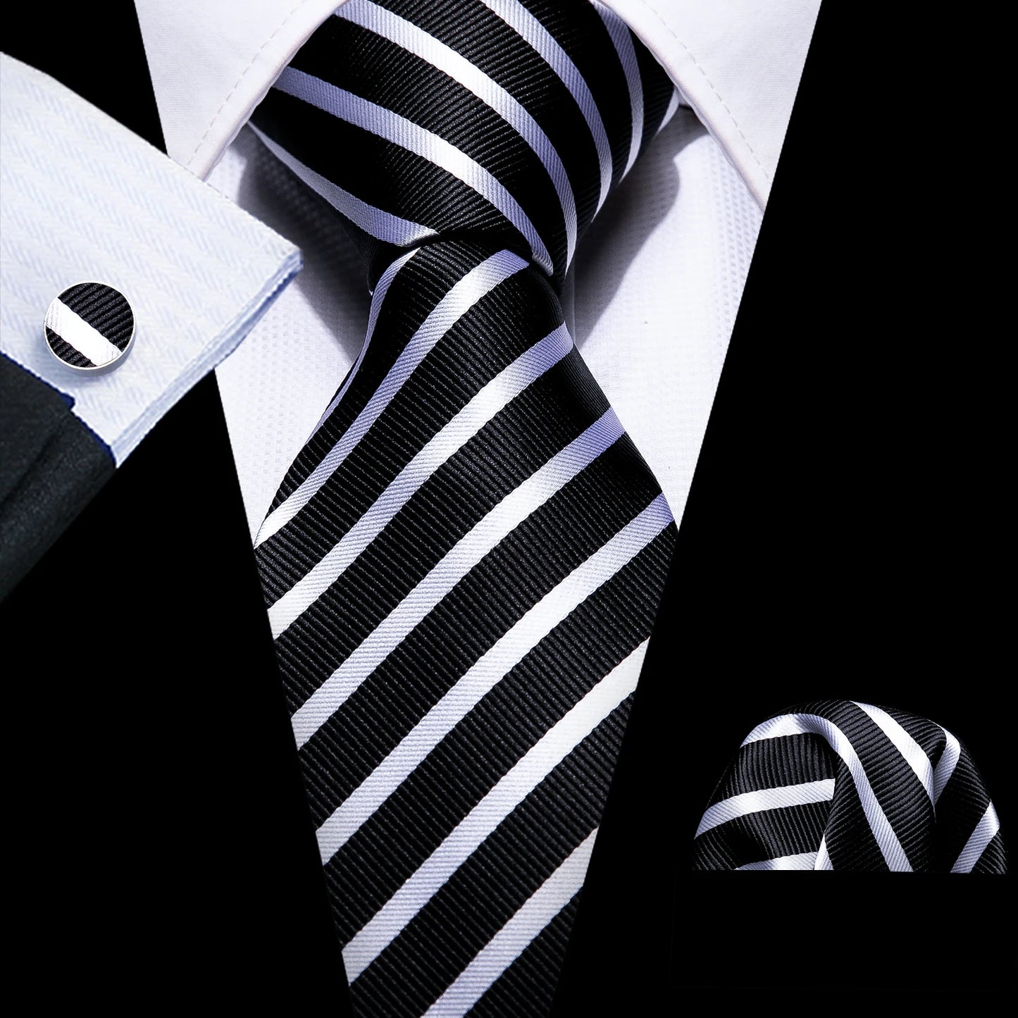 Barry.Wang Black White Gray Silver Men Tie Handkerchief Cufflinks Set Jacquard Necktie for Male Wedding Business Party Gift
