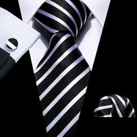 Barry.Wang Black White Gray Silver Men Tie Handkerchief Cufflinks Set Jacquard Necktie for Male Wedding Business Party Gift