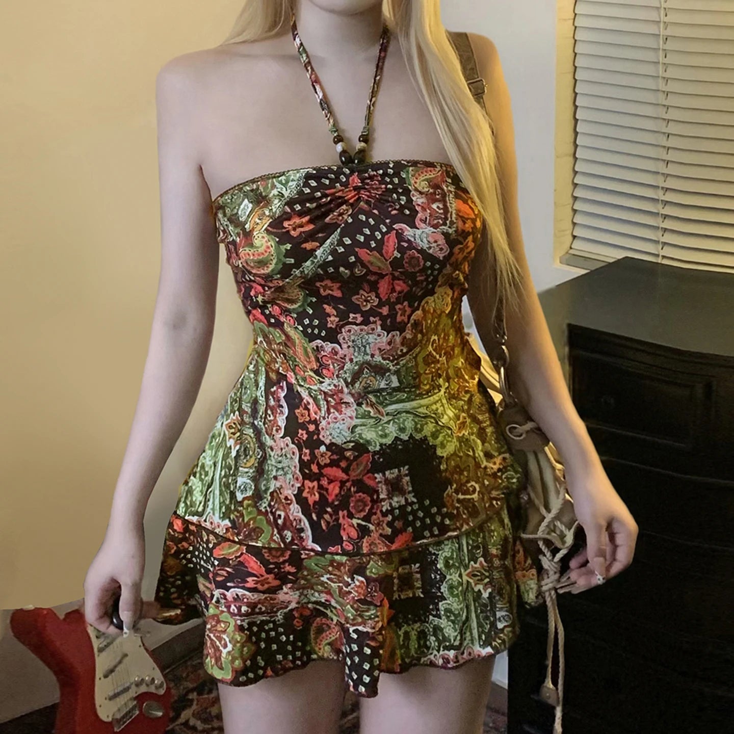 SUCHCUTE Chic Romantic Print Halter Dress For Women Sexy Sleeveless Backless Mini Dress Fashion Holiday Clothes Summer Beach