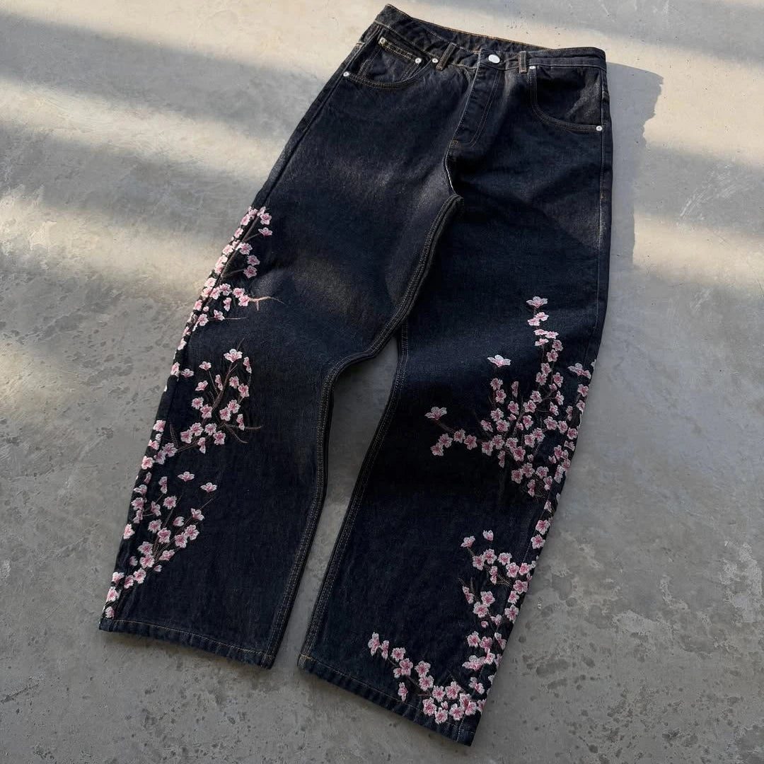 Y2K Baggy Jeans Oversized Cherry Blossom Embroidery Harajuku Vintage Wide Leg Pants Gothic Men Women Hip Hop Straight Leg Pants