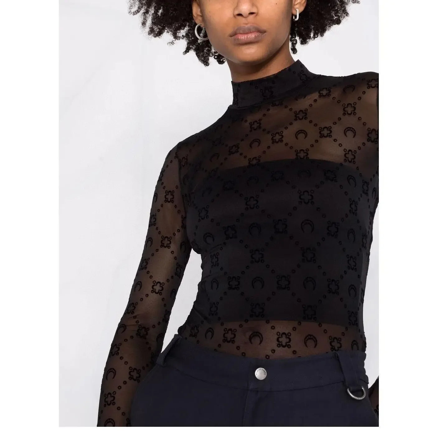 Spring Fashion and Sexy Perspective Women's Pullover Mesh T-Shirt New Semi High Neck Long Sleeved Slim Fit Elastic Women T-Shirt