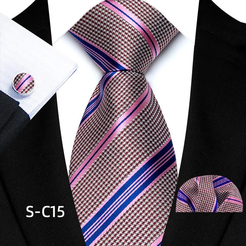 Business Mens Tie Luxury Striped 8cm NeckTie Pocket Square Cufflinks Set For Men Formal Fashion Wedding High Quality Gravata