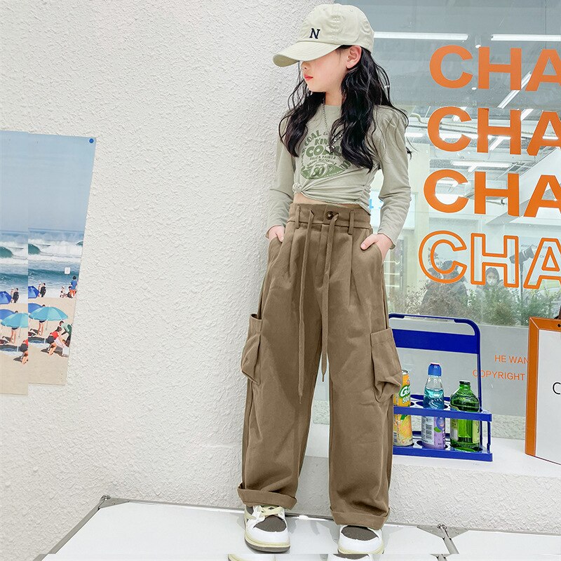 Spring And Autumn New Girl's Retro Army Green Cargo Pants High Waist Showing Thin Loose Sports Casual Wide Leg Trousers 6-14 Y