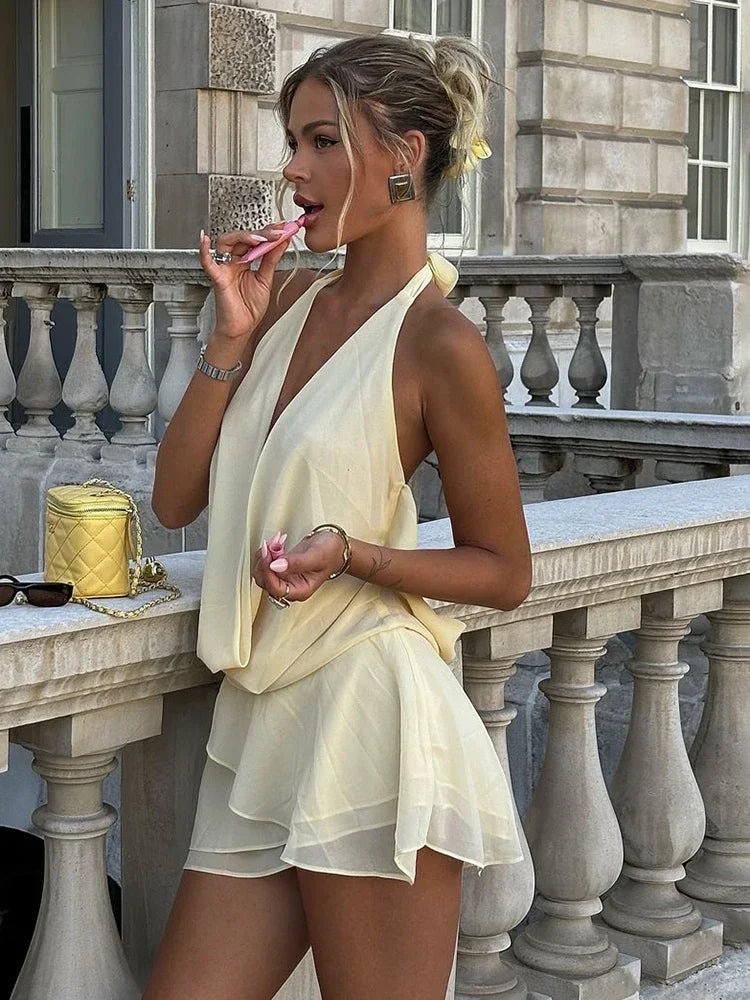 TARUXY Draped Sexy Backless Halter Mini Dress Women's Elegant See Through Deep V Neck Lace Up Mesh Holiday Beach Female Dress Red / L TARUXY Draped Sexy Backless Halter Mini Dress Women's Elegant See Through Deep V Neck Lace Up Mesh Holiday Beach Female Dress Red / L