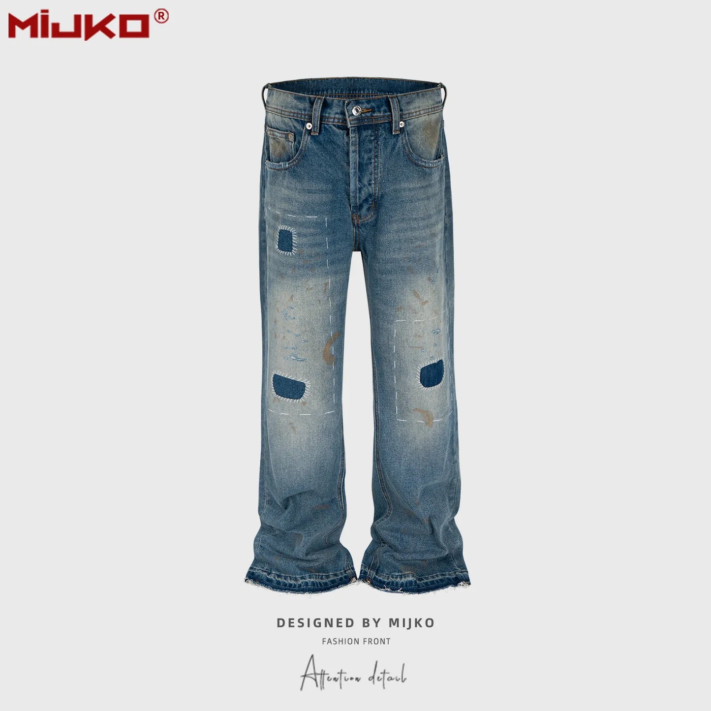 MIJKO Washed Frayed Vintage Jeans Pants Mens Straight Retro Casual Denim Trousers Cargos FJ069