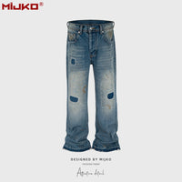 MIJKO Washed Frayed Vintage Jeans Pants Mens Straight Retro Casual Denim Trousers Cargos FJ069