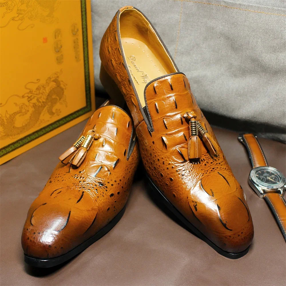 Luxury Men's Black Coffee Crocodile Print Loafers Slip-On Tassel Detail Casual Formal Dress Leather Shoes