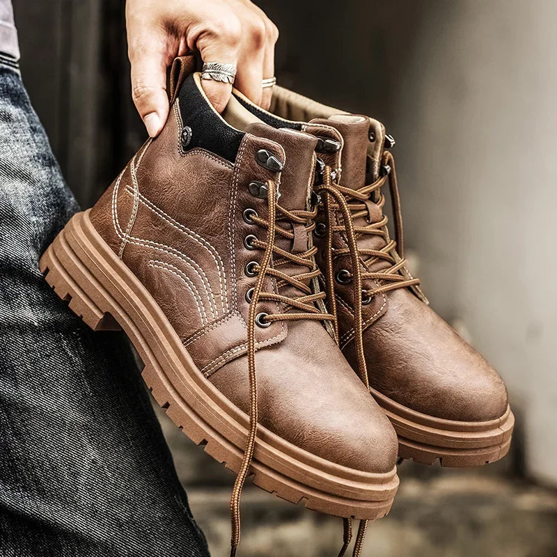 Mens Fashion Casual Boots Spring and Autumn New Versatile Thick Bottom Anti Slip Comfortable Leather Boots Men's Shoes Men Boots