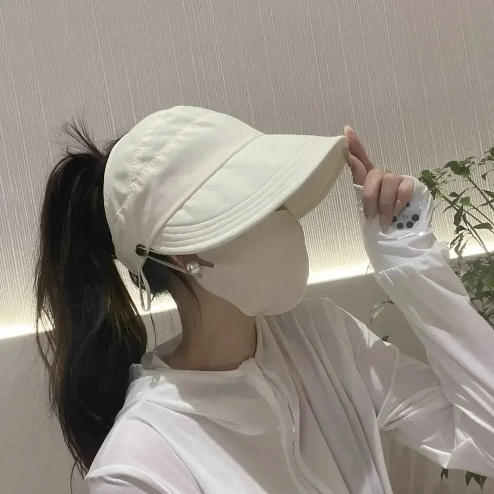 Summer Wide Brim Sunhat Women Foldable Adjustable Outdoor Beach Bucket Hat UV Protection Visors Fisherman Ponytail Caps