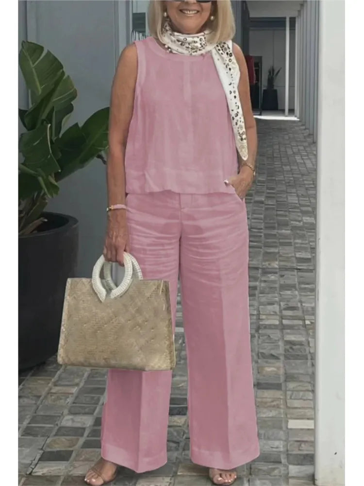 New Summer Women's Suit Sleeveless Top Wide Leg Trousers Two Piece Set Fashion Casual Solid Holiday 2 Piece Set Women Clothes