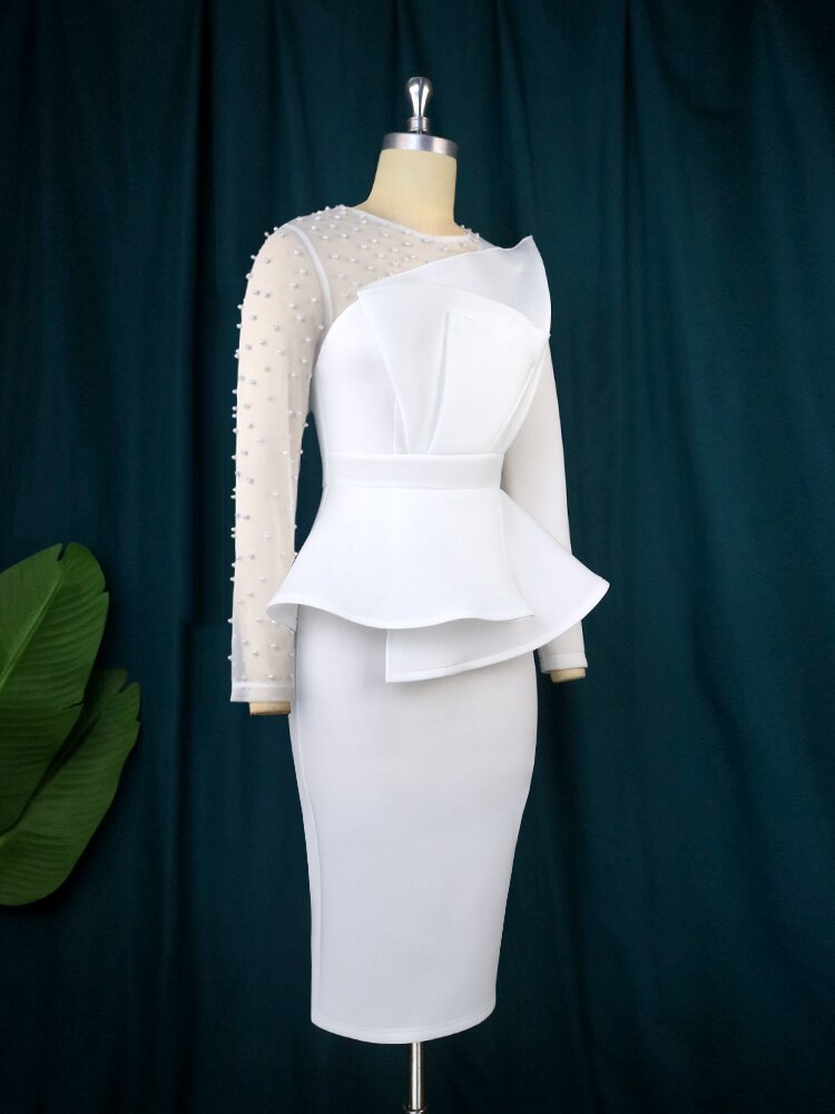 Women White Party Dress Sexy Long Sleeve Beading Mesh Patchwork Peplum Elegant Knee Length Christmas Event Evening African Gowns