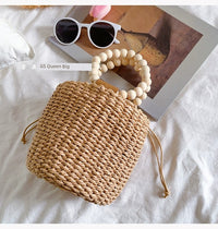 Beaded Satchel round Casual Seaside Beach Straw Bag