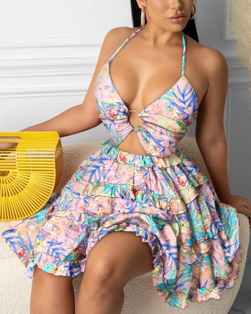 Fashion Women Sexy Backless Halter Floral Print Mini Dress Beach Dresses O-ring Cut-out Backless Frill Hem Summer Short Dresses