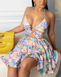 Fashion Women Sexy Backless Halter Floral Print Mini Dress Beach Dresses O-ring Cut-out Backless Frill Hem Summer Short Dresses