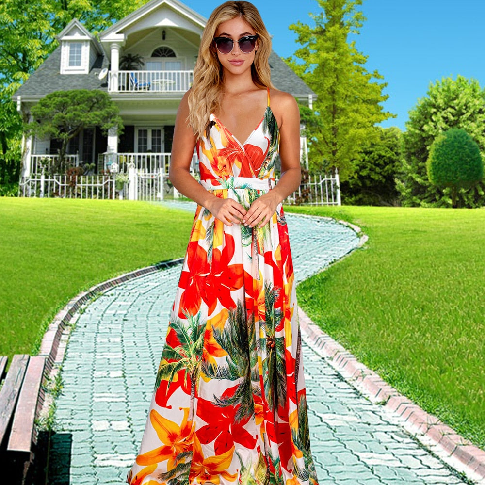 New Spring Summer Women Casual Tropical Boho Floral Print Evening Party Beach Long Maxi Straps Dresses Sexy Backless Sundress