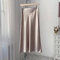 Ele Satin Acetate ter Dr Women's Smooth Glossy Tee-Vein Neline Strapl Midi Skirt Four Colors Available