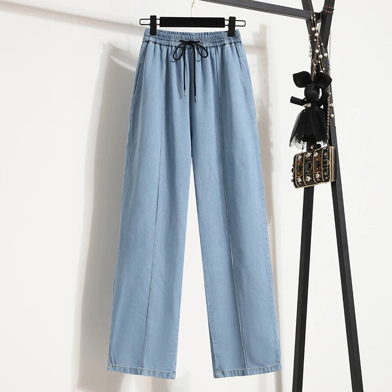 Women Jeans 2025 Summer New Arrivals High Waist Drawstring Loose Blue Jeans Pants Korean Style Casual Trousers Women Hot Sale