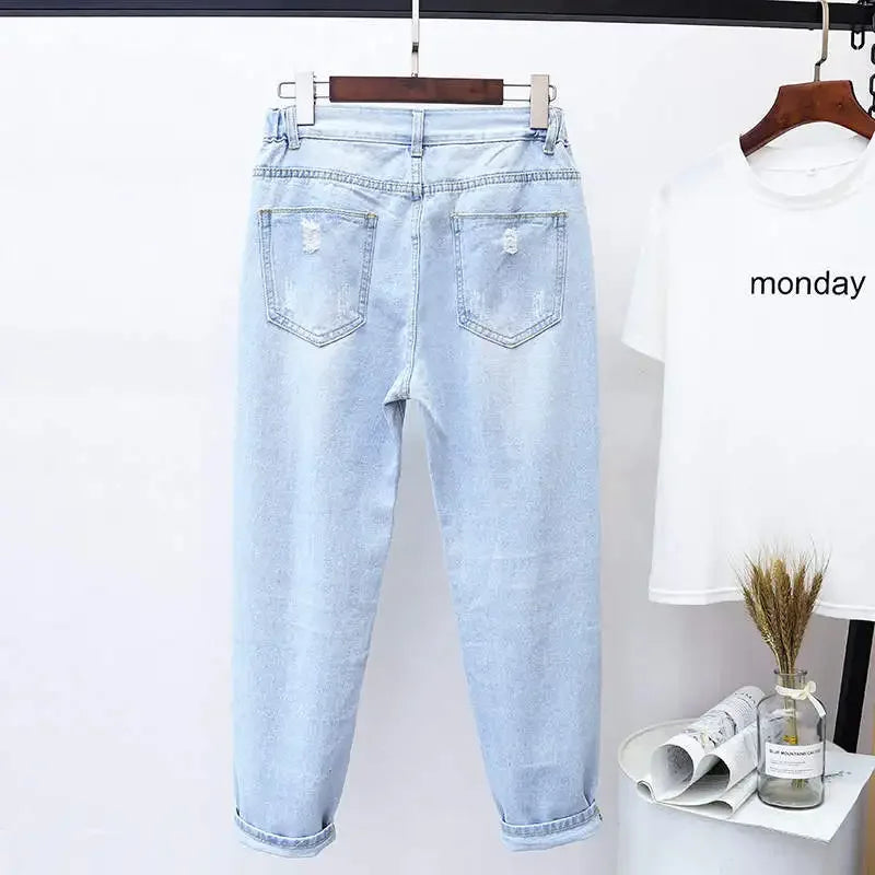 4XL 5XL Plus Size Jeans Woman High Waist Denim Trousers Loose Hole Ripped Jeans For Women Washed Summer Autumn Jean Femme C7419
