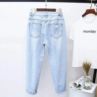 4XL 5XL Plus Size Jeans Woman High Waist Denim Trousers Loose Hole Ripped Jeans For Women Washed Summer Autumn Jean Femme C7419