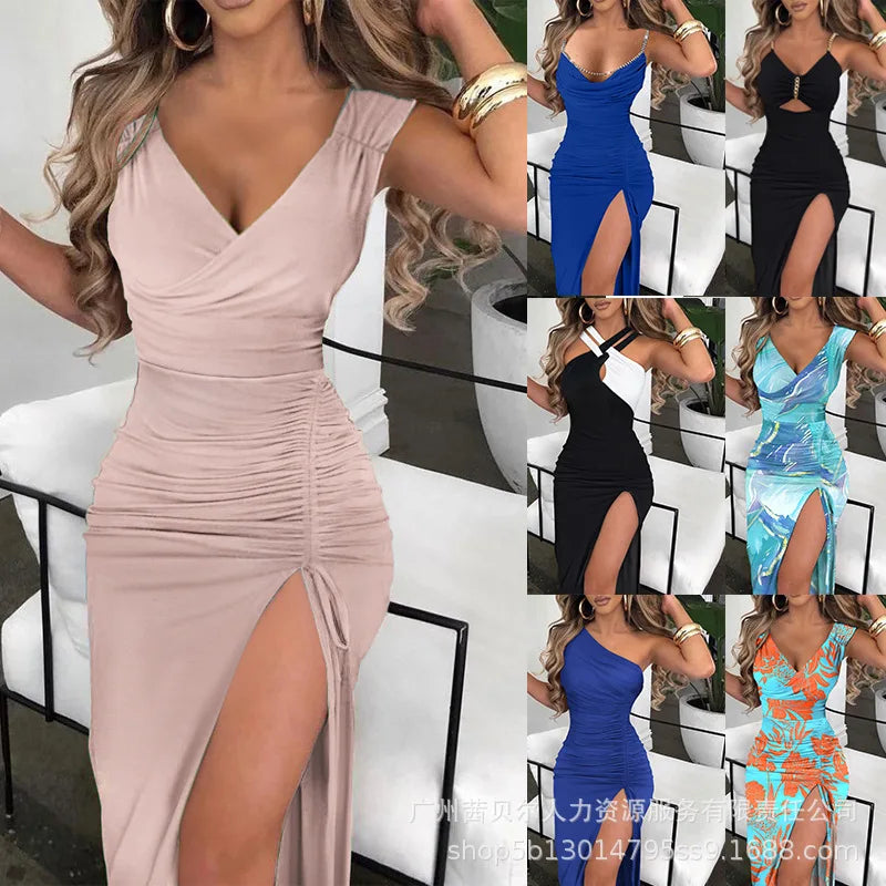 Dress for Women Sexy Solid Elegant Evening Party Split Dress One Shoulder Off-Shoulder Backless Slash Neck Slim Pleated Dress