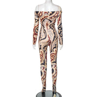 CUTENOVA Fall New Colorful Printed Women'S Jumpsuit  One-Shoulder Strapless Long Sleeves Slim Fit Elastic Ankles Jumpsuit Female