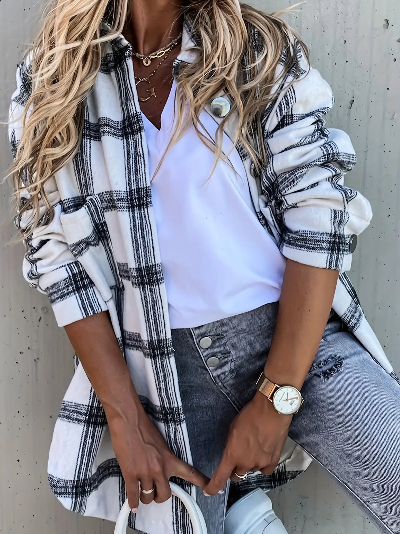 Casual Oversized Plaid Shirt for Women - White and Black Checked Button Up Blouse, Perfect for Fall and Daily Wear