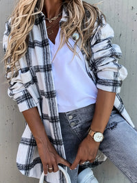 Casual Oversized Plaid Shirt for Women - White and Black Checked Button Up Blouse, Perfect for Fall and Daily Wear