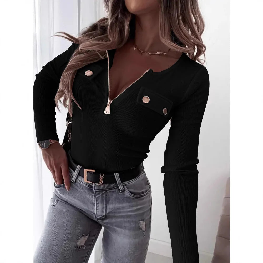 Y2K women's fashion simple slim top new V-neck long-sleeved casual T-shirt elegant zipper autumn and winter threaded knitted top