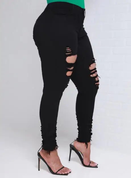 Women's Ripped Pencil Pants 2023 Fashion Street Hipster Personality Ripped Elastic Skinny Denim Trousers Sexy Black Pencil Pants